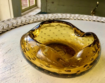 Murano hand blown art glass bowl - yellow gold - large bubbles - wavy edge - heavy - handmade Mid Century