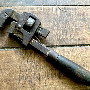 Antique iron wrench wood handle adjustable monkey wrench pipe wrench  made in USA