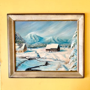 Vintage oil painting snow barn landscape wood frame Vermont landscape primitive rustic farmhouse decor