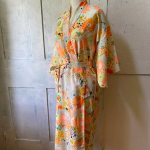 Kimono yellow orange robe polyester Asian robe belt floral print one size lingerie image 4