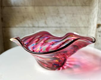Art glass bowl - ribbed swirl design - hand blown ruffle design fuchsia green blue