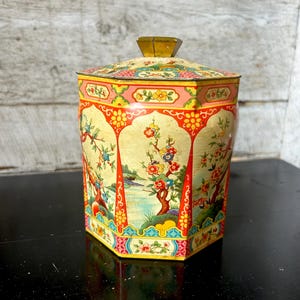 Vintage tin 8 sided octangular metal tin Asian graphic design floral birds with lid