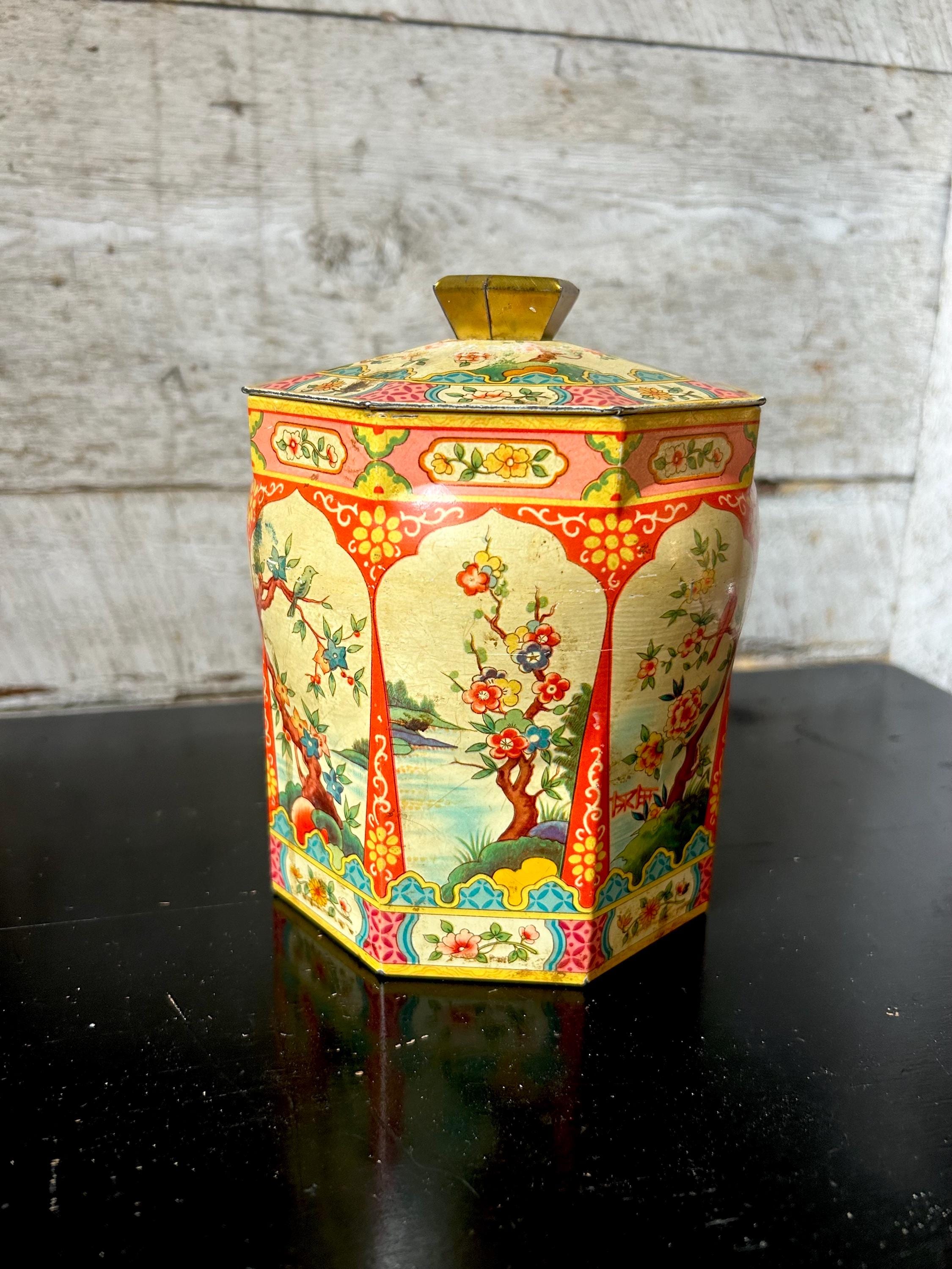 Vintage tin 8 sided octangular metal tin Asian graphic design floral birds with lid