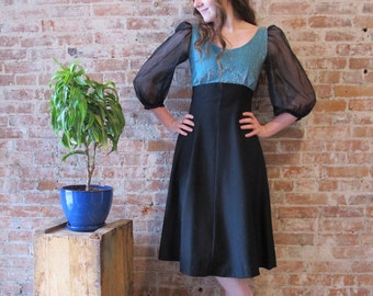 Vintage Black & Turquoise Dress - Party Dress - Cocktail - Gored Skirt - 1960s - Small - Chiffon - Silver Thread - LBD -