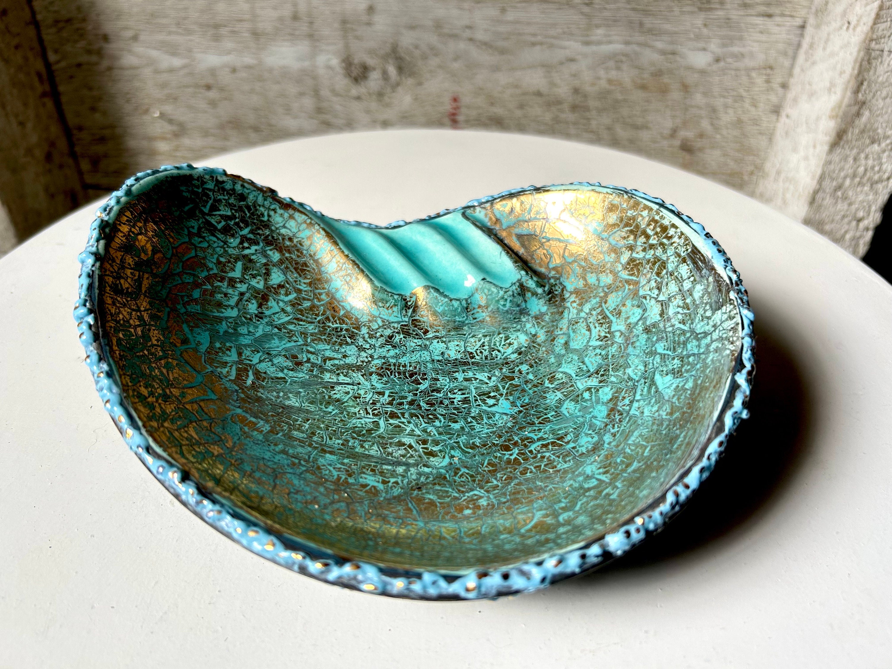 60s Mid Century Ceramic Glazed Ashtray Blue Gold Trinket Tray