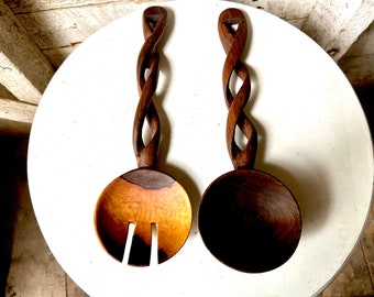 Hand carved wood salad fork spoon twisted carved handles tiki style olive wood