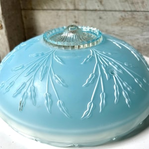 Lampada da soffitto Art Déco con 3 catene, paralume a cupola in vetro smerigliato blu - design floreale in rilievo anni &#39;30-&#39;20