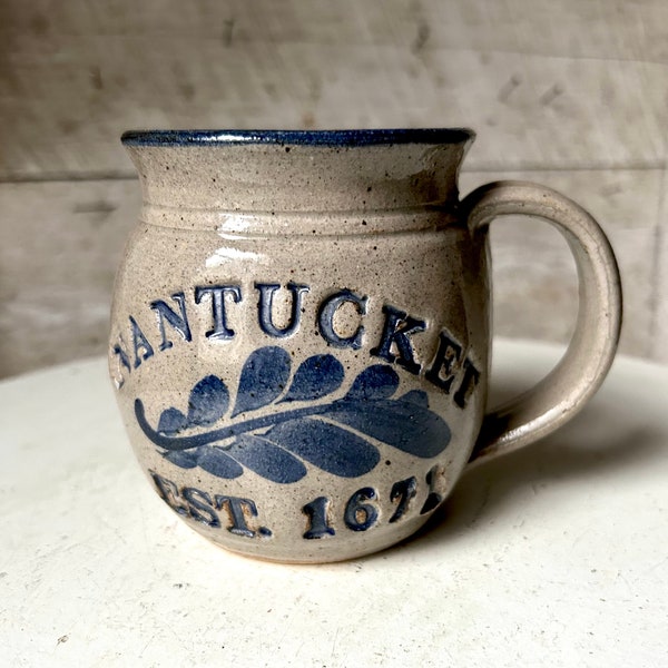 Nantucket stoneware ceramic mug speckled gray glaze blue leaf Nantucket Est. 1671 large mug