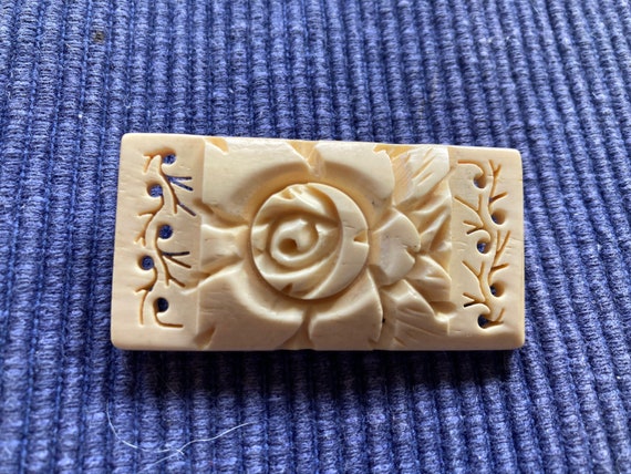 Floral brooch - carved bone rectangular - cutouts… - image 2