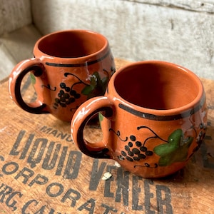 Puede incluir: Dos tazas de cerámica color terracota con asas y bordes negros. Cada taza está decorada con un diseño de racimo de uvas negras y hojas verdes. Las tazas están sobre una superficie de madera.