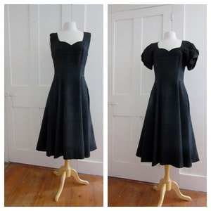 50s Vintage Black Raw Silk Dress Sleeveless Dress Bolero Jacket Gore Panel Shrug Jacket Medium Size 1950s - 1960s