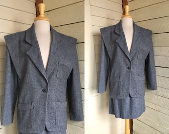 70s blue herringbone tweed suit blazer mini skirt large shoulders custom made power suit