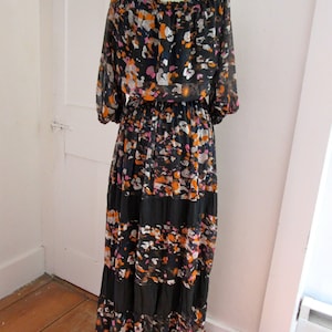 Boho Maxi Dress - Peasant Dress - Sheer Fabric - Hippie Dress - Print - Elastic Neck - Elastic Band at Waist - Black - Colorful Print