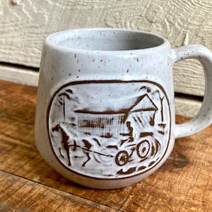 Ceramic mug covered bridge horse and buggy raised design handmade speckled glaze
