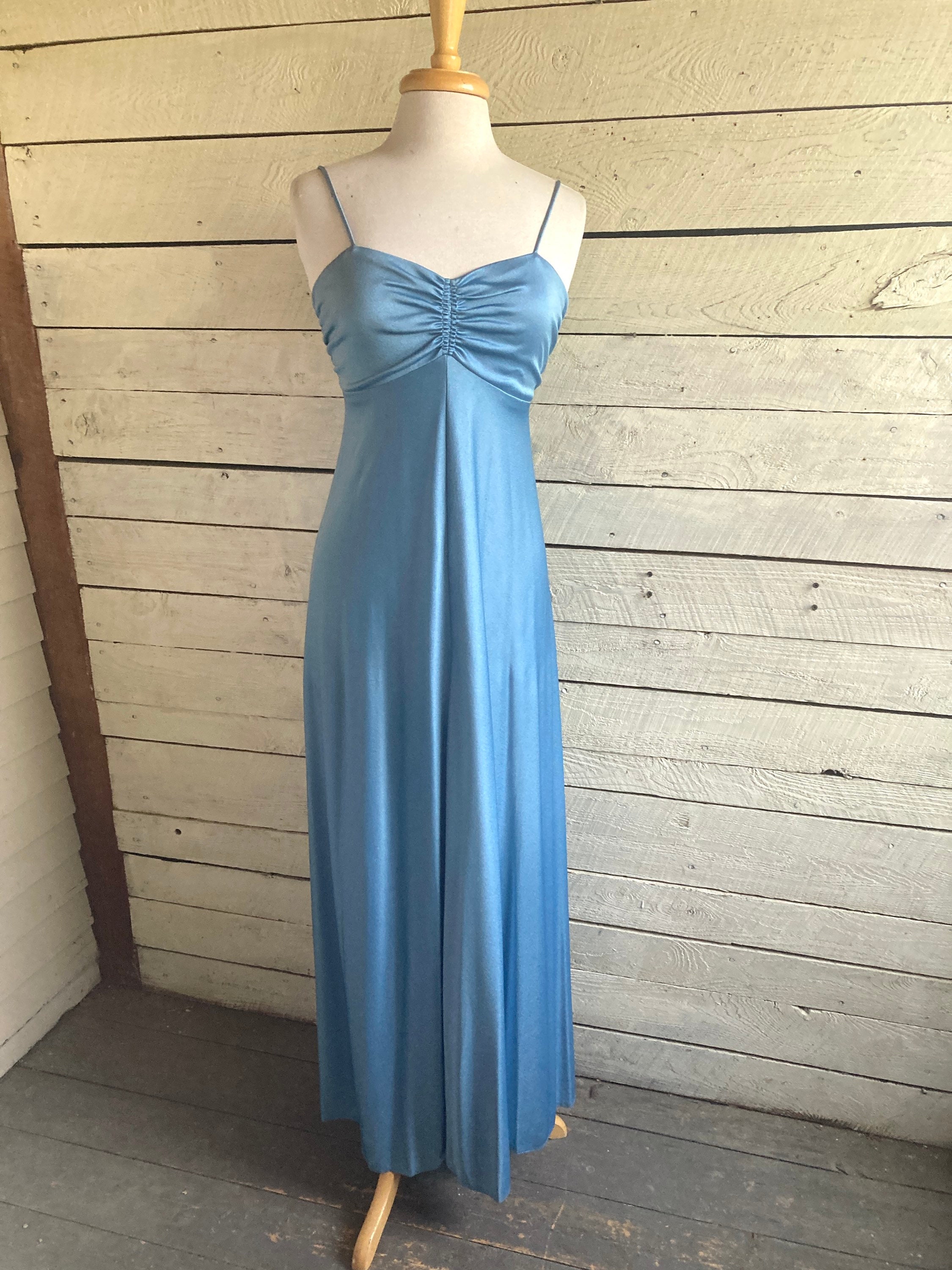 70s Blue Prom Maxi Dress Polyester Ruched Spaghetti straps Matching Open  jacket Stretch Small Formal Cocktail dress