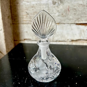 Glass bottle perfume bottle - etched pressed glass floral design ground glass stopper