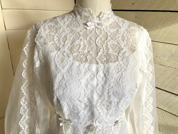60s Chiffon lace wedding dress high lace neck emp… - image 2