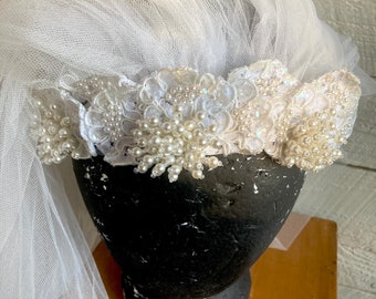 Vintage tulle and pearl beads wedding headpiece double veil sequins tulle