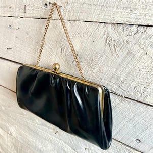 60s black faux leather clutch  - gold chain strap - vinyl  mid century