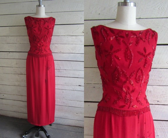red silk chiffon beaded formal dress - low back - maxi - wiggle - red beads - tank - long -