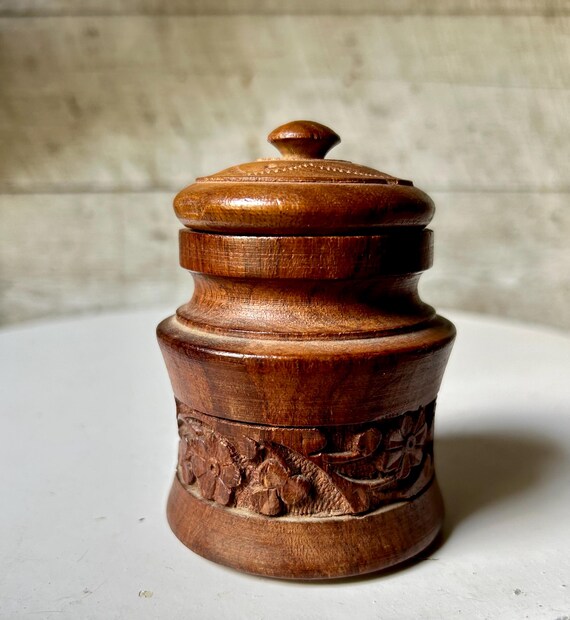 Carved wood jar container handmade lid trinket bo… - image 3
