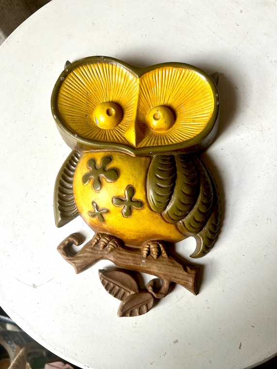 Metal Owl Wall Decor Sexton 1970 Yellow Green Owl on Branch - Etsy