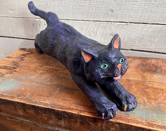 Outsider Art Cat - paper mache purple black paint cat sculpture folk art
