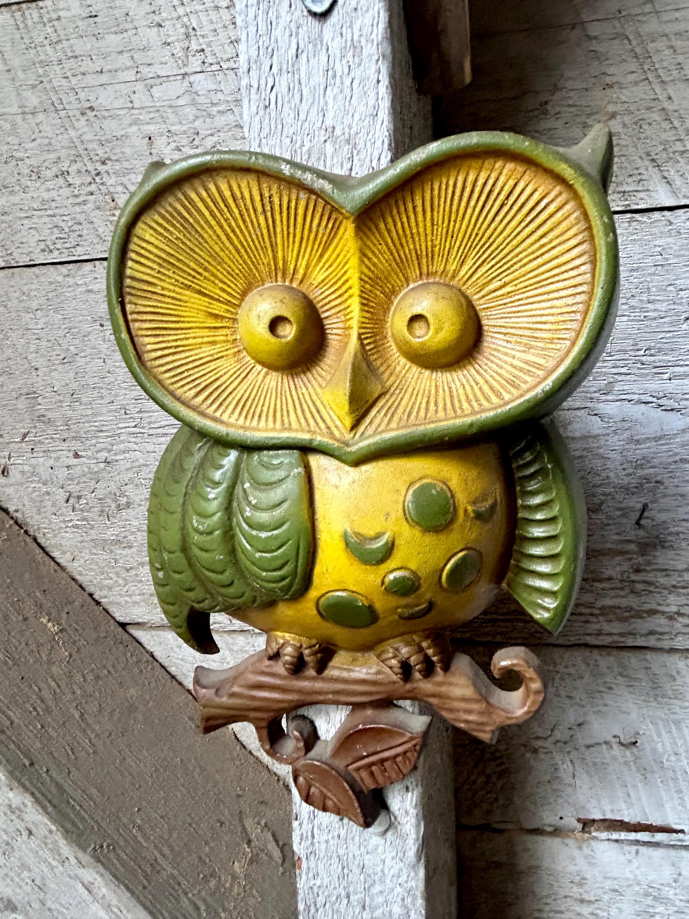 Metal Owl Wall Decor Sexton 1970 Yellow Green Owl on Branch - Etsy