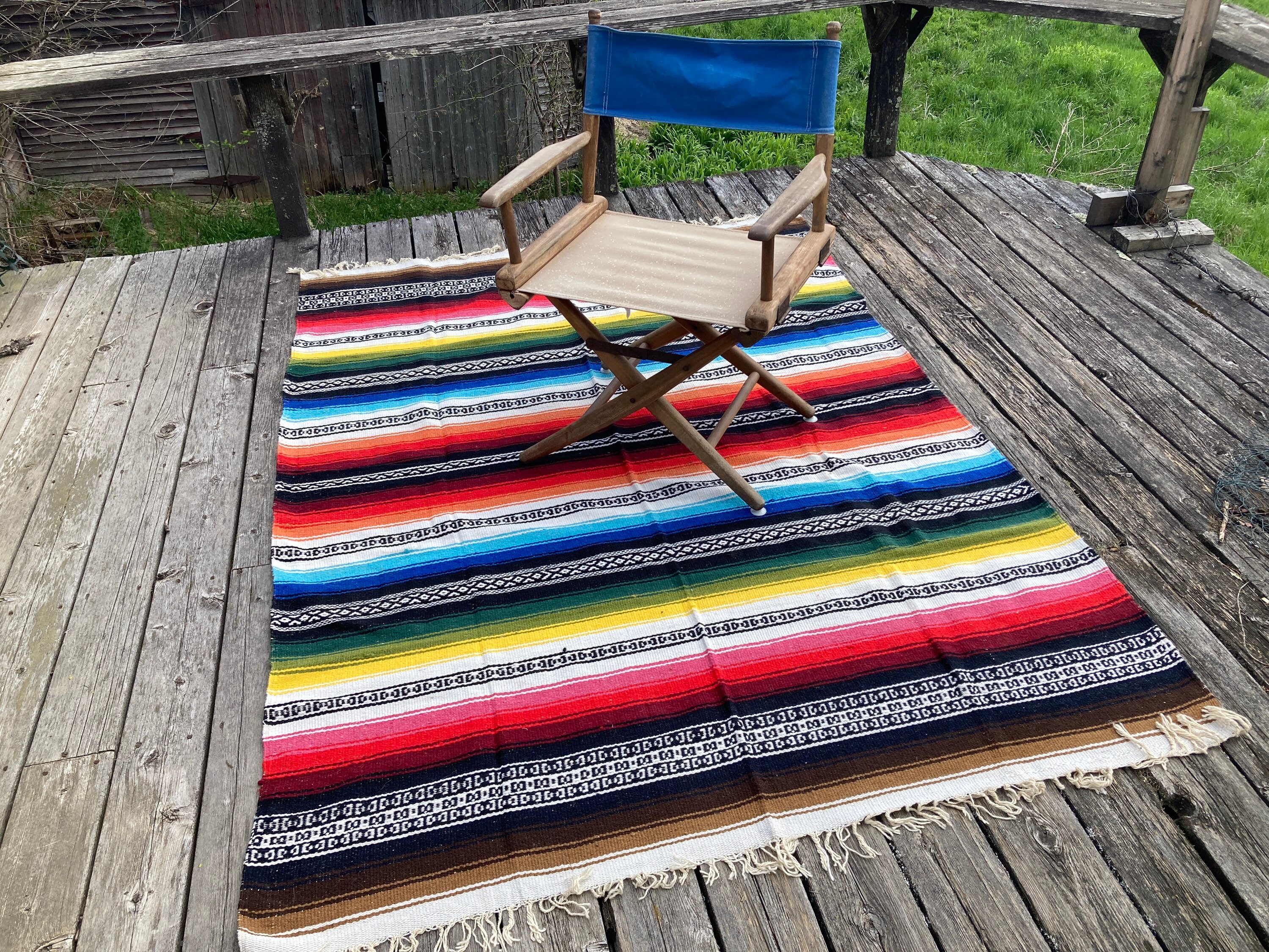 Mexican Blanket Rug Hand Woven Heavy Stripe Design - Blue Red