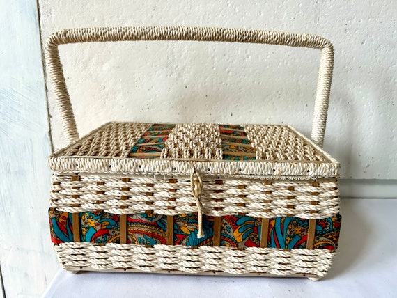 60s  sewing basket - made in Japan satin lining w… - image 1