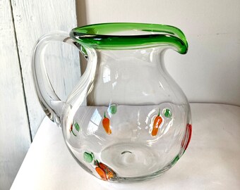 Large glass pitcher hand blown green and clear glass handmade glass red yellow peppers