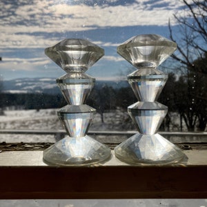 Simon Designs glass crystal candle stick holders pair of cut glass candle holders