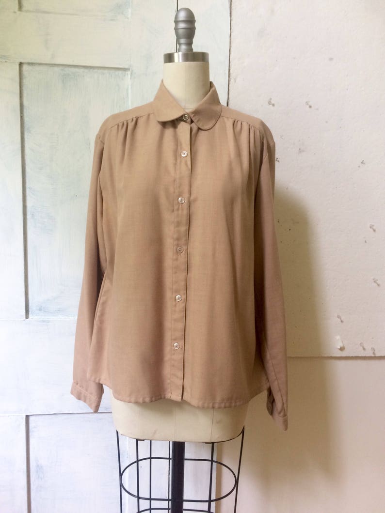 button down 60s tan blouse long sleeve collar