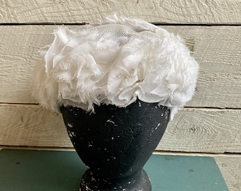 50s White flower Fascinator Hat  Velvet Covered Wire Veil Netting Wedding Hat