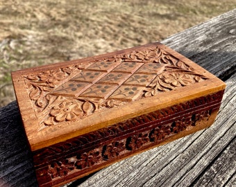 Wood box hand carved floral design jewelry box trinket box hinged lid rectangular box