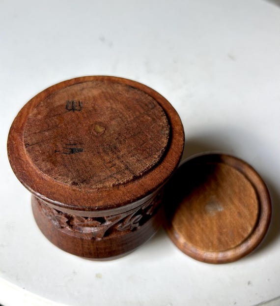 Carved wood jar container handmade lid trinket bo… - image 10