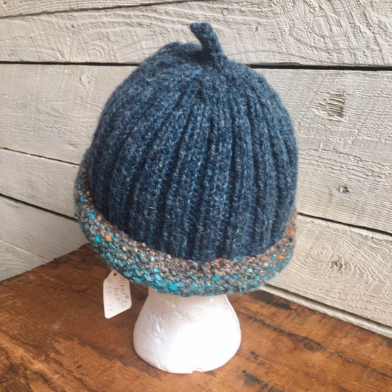 Hand knit wool hat - ribbed - blue green - handma… - image 3