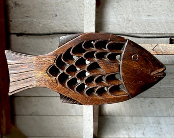 60s Wood fish sculpture mid century wall art cabin decor - handmade - hand carved - rustic decor - fisherman gift