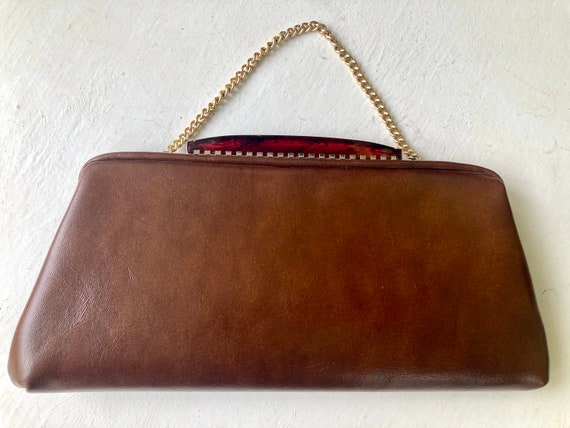 60s brown faux leather clutch  - gold chain strap… - image 9