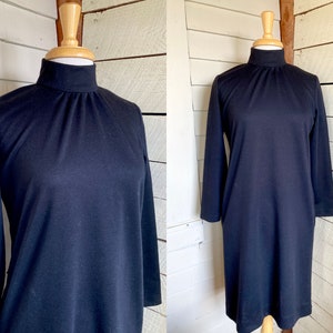60s 50s Black Wool  Dress wool jersey mock turtleneck sheath dress