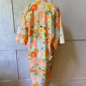 Kimono yellow orange robe polyester Asian robe belt floral print one size lingerie image 3