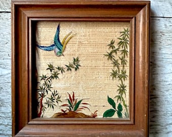 Reverse painting on glass blue bird small square wood frame hand painted