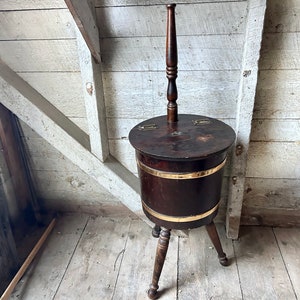 Farmhouse wood bucket storage brass strapping cottagecore decor primitive rustic sewing basket
