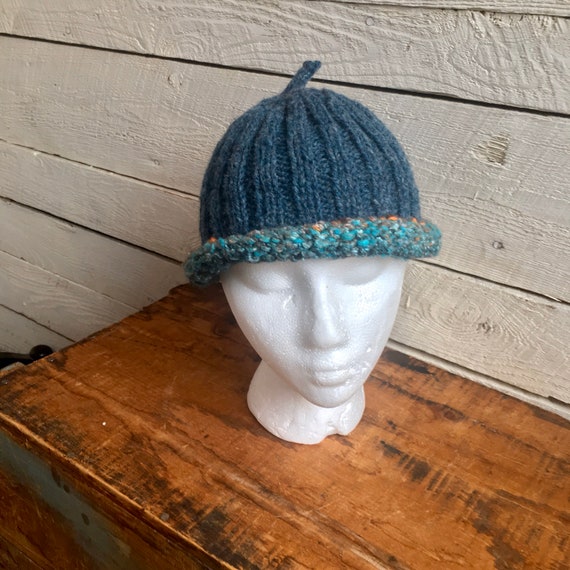 Hand knit wool hat - ribbed - blue green - handma… - image 1