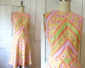 60s Sundress - Shift - Colorful Print - Hand Made - Medium - Summer Dress - Stripes - Floral