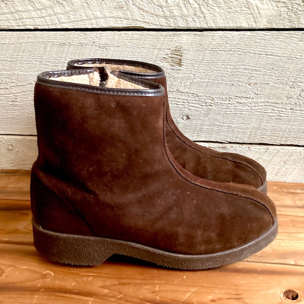 Brown suede ankle boots zipper fleece lined booties womans low boots