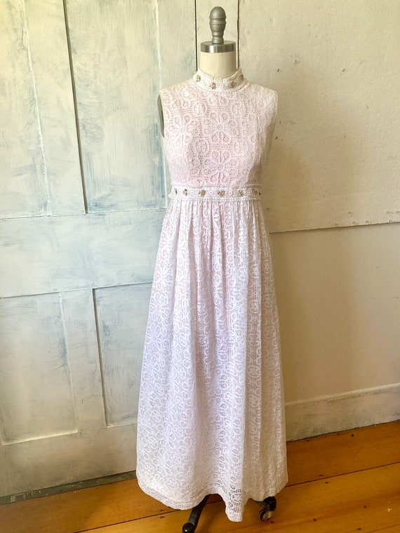 60s pink maxi dress sleeveless white lace overlay… - image 2