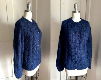 Vintage mohair cardigan sweater Italy 60s deep blue handmade