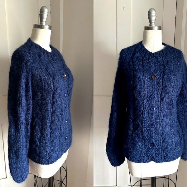 Vintage mohair cardigan sweater Italy 60s deep blue handmade