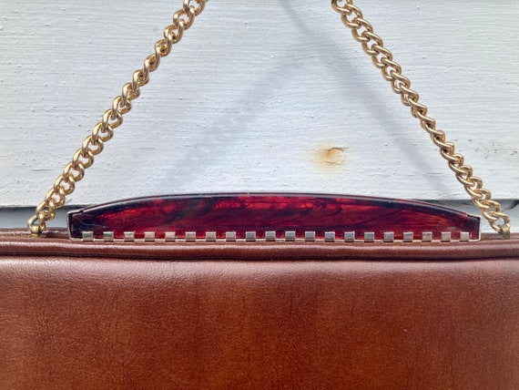 60s brown faux leather clutch  - gold chain strap… - image 2